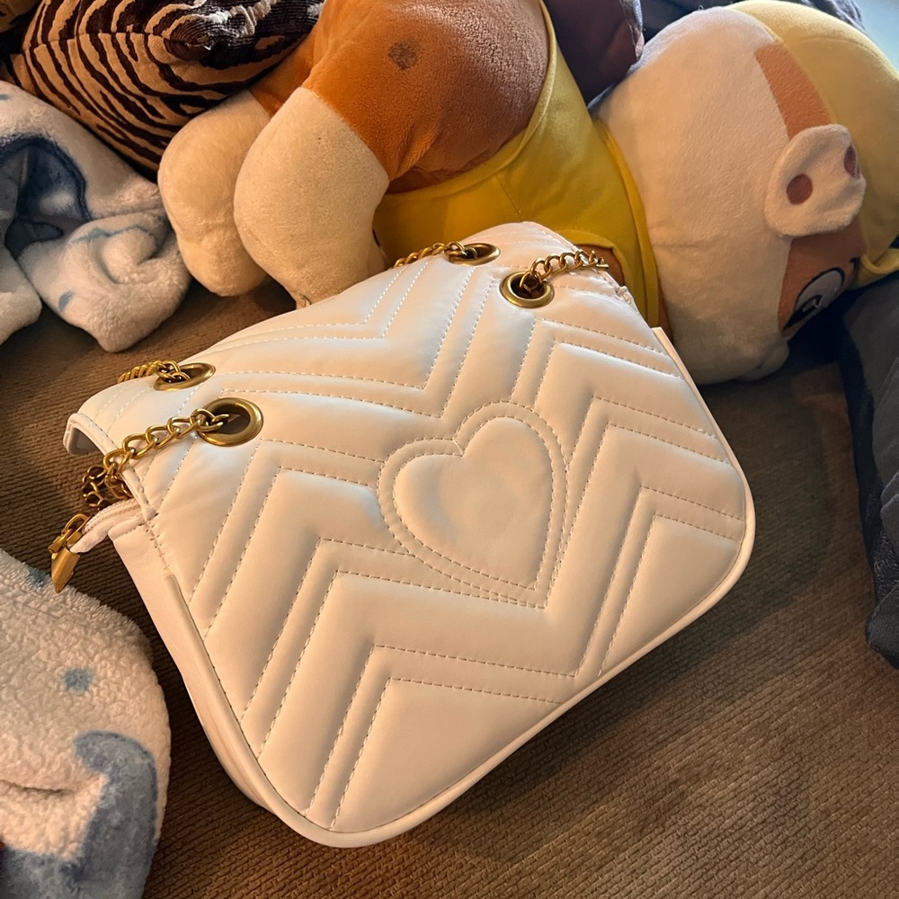 White Shoulder Bag with Quilted Design and Gold Hardware